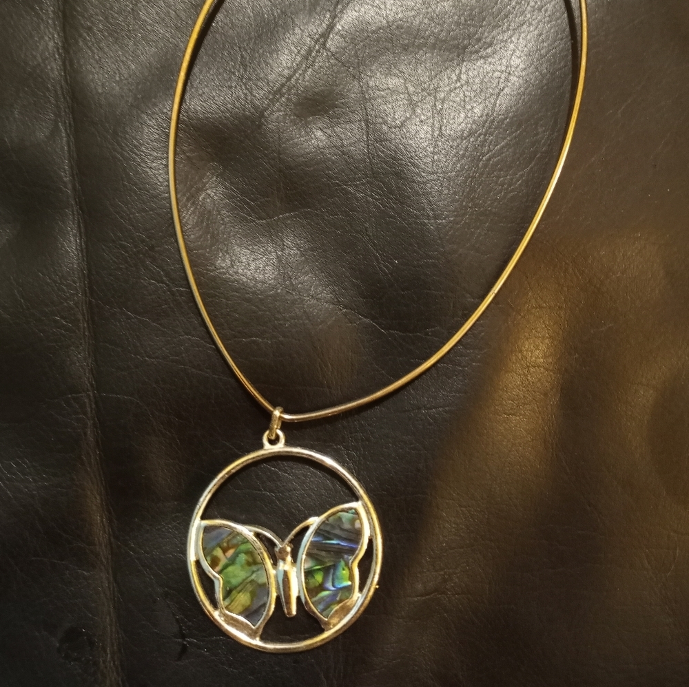 Silver vintage abalone butterfly necklace charm